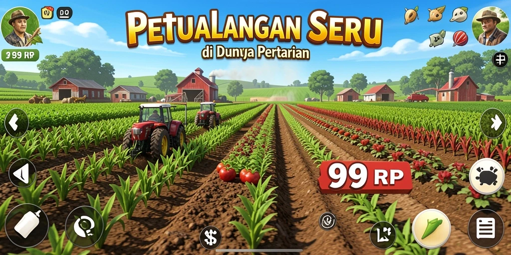 Screenshot gameplay 99RP menampilkan panorama indah ladang pertanian.
