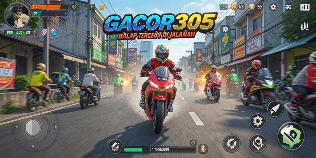 Tampilan gameplay menarik dari GACOR305 saat balapan motor.
