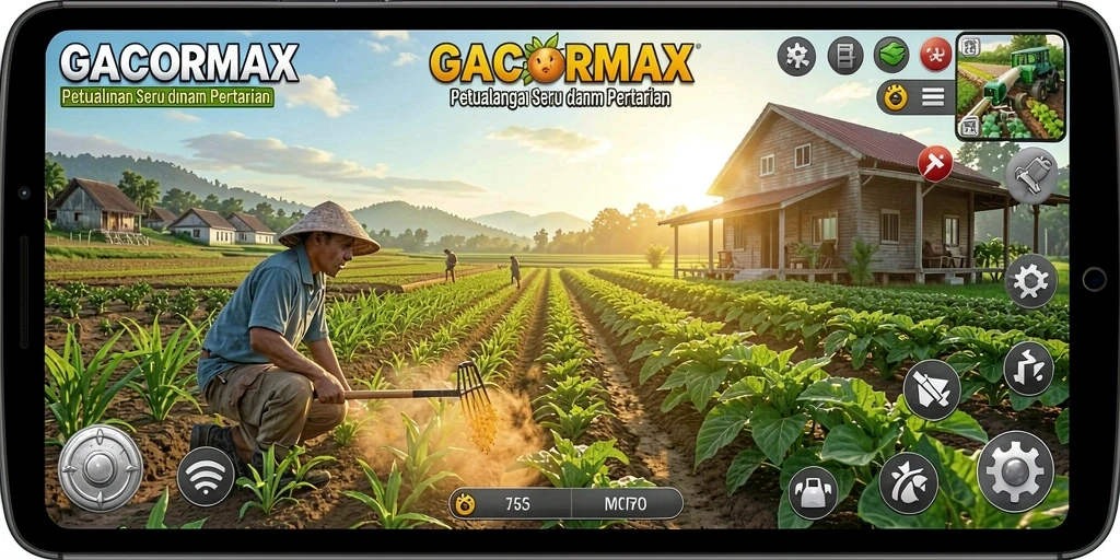 Screenshot gameplay GACORMAX menampilkan ladang yang subur dan aktif.