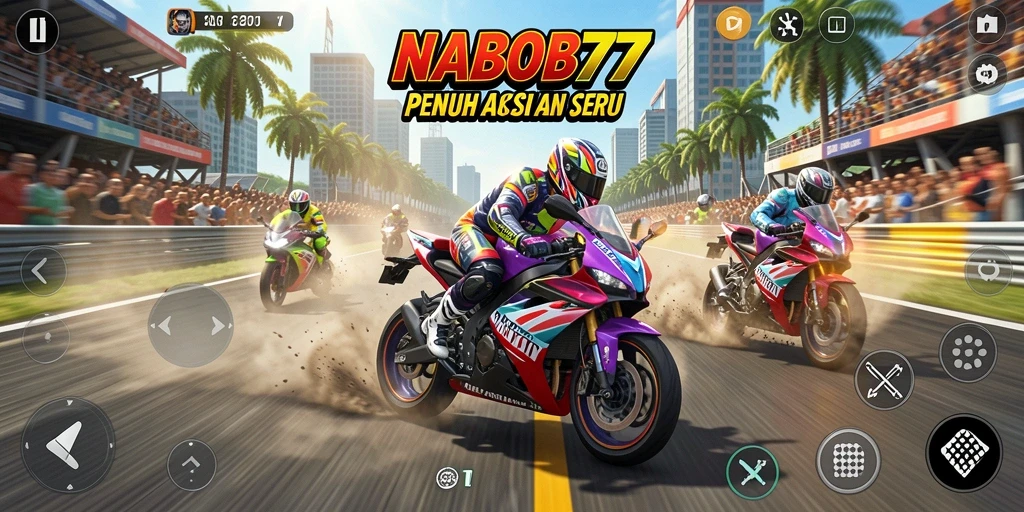 Tampilan gameplay yang mendebarkan dalam NABOB77 dengan aksi balapan motor.