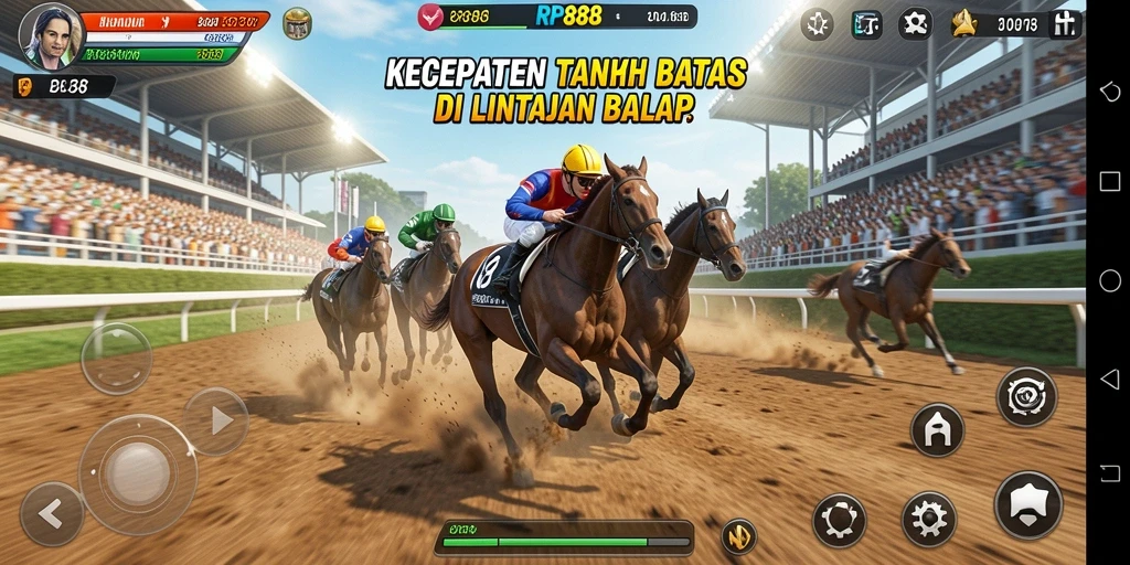 Screenshot gameplay RP888 menampilkan mobil cepat beradu di lintasan yang menarik.