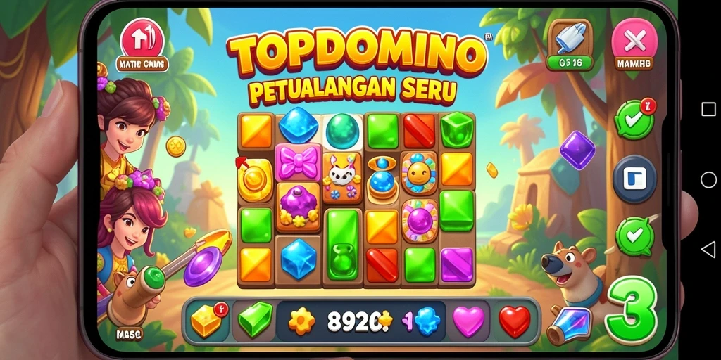 Screenshot gameplay TOPDOMINO dengan domino berwarna-warni yang menarik.