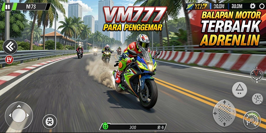 Tangkapan layar dari gameplay seru VM777 di lintasan balapan.