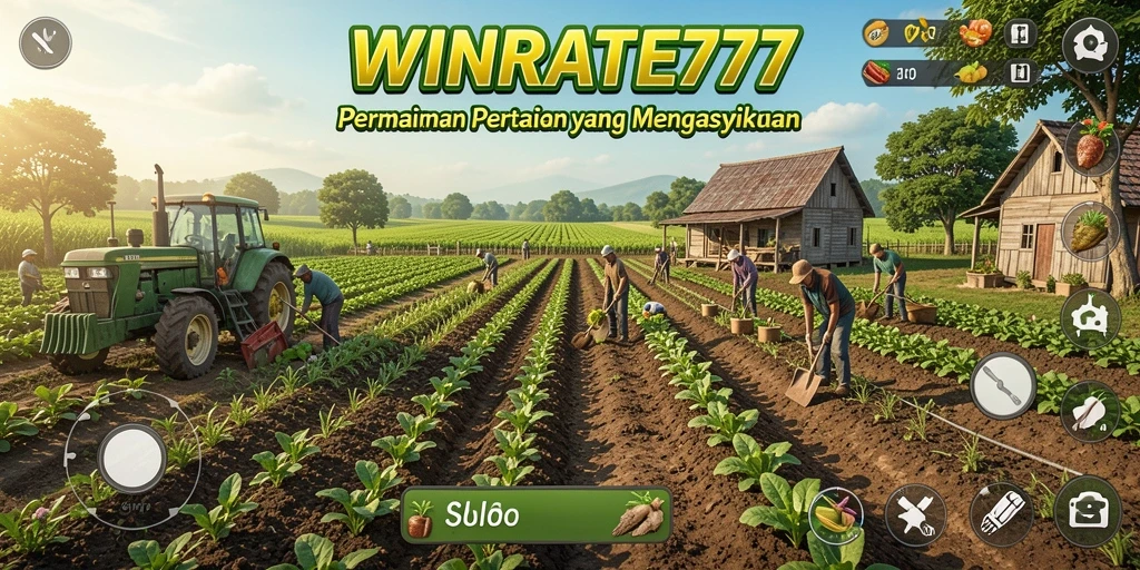 Tangkapan layar gameplay WINRATE777 menampilkan ladang subur dan tanaman cantik.